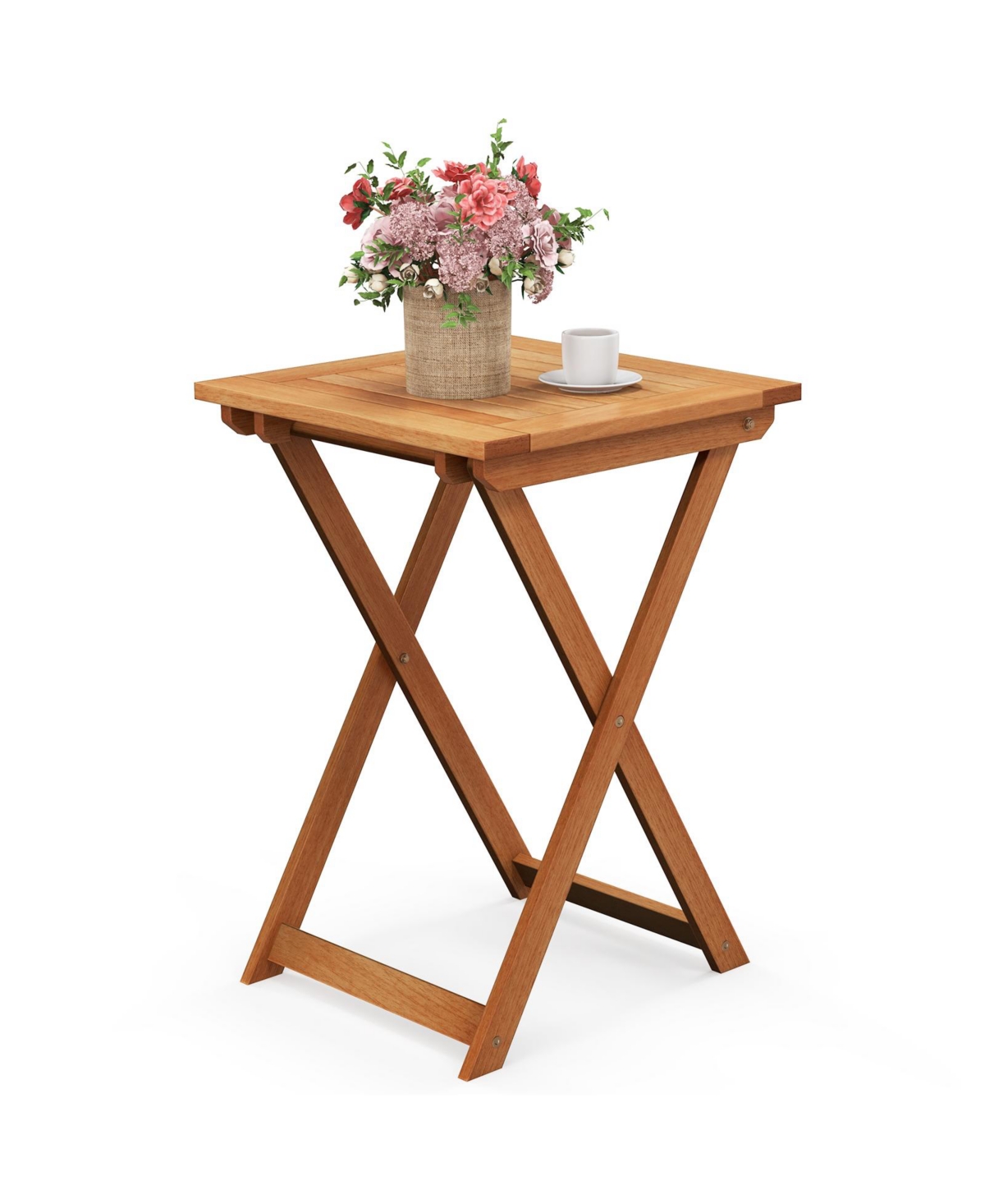 20 Inch Hardwood Patio Folding Table with Slatted Tabletop