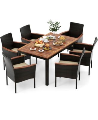 7 Pieces Rattan Patio Dining Set with Stackable Chairs and Umbrella Hole