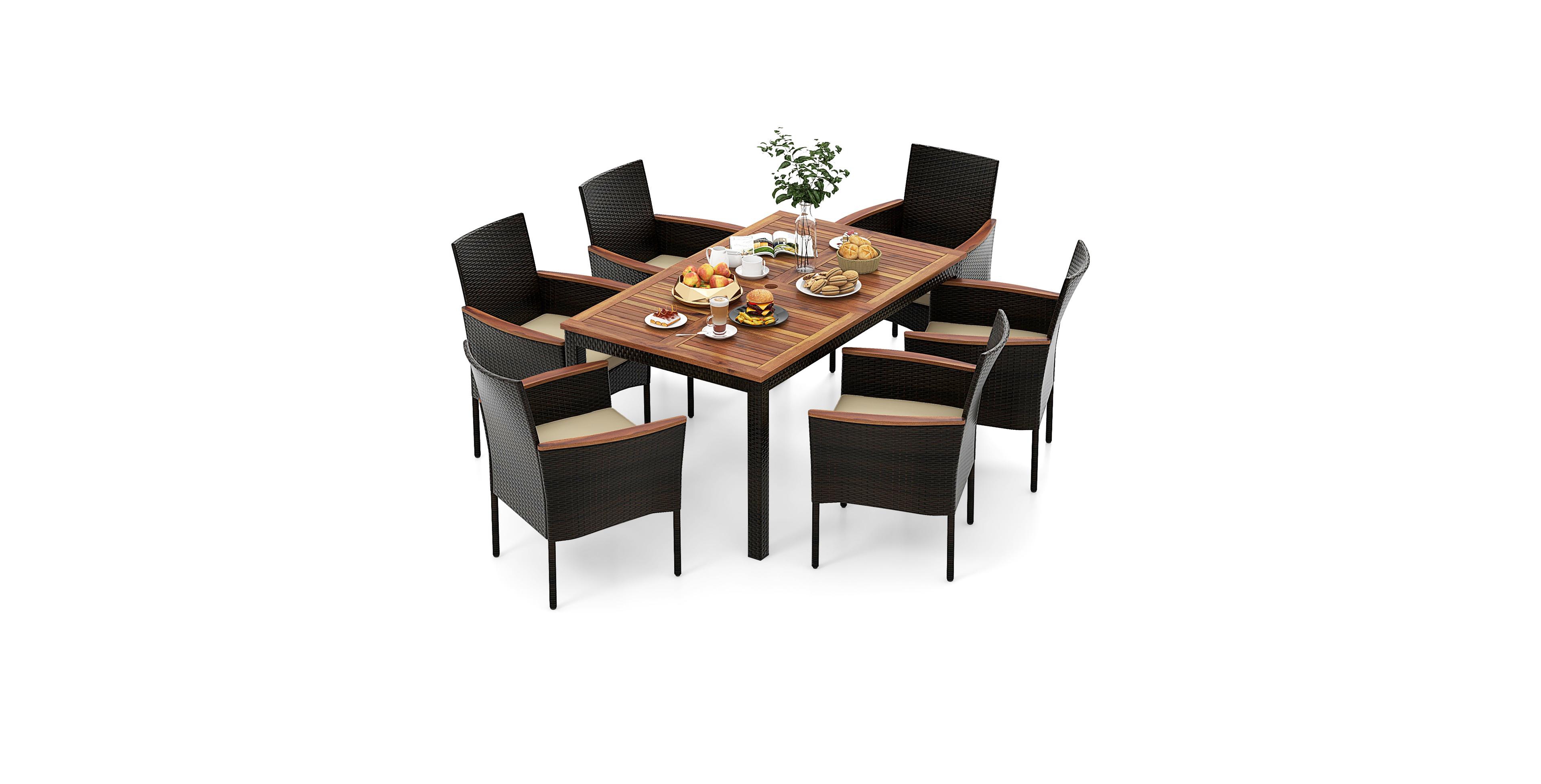 7 Pieces Rattan Patio Dining Set with Stackable Chairs and Umbrella Hole