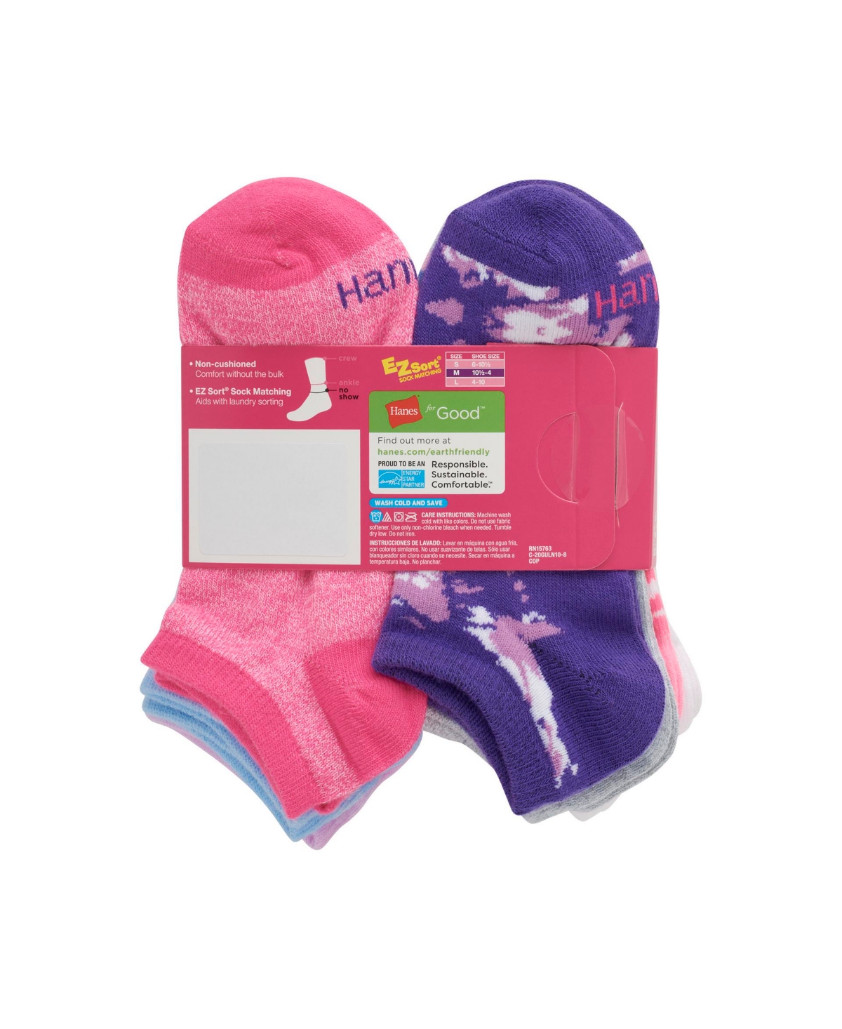 Hanes Girls Ultimate 10-Pack Fashion No-Show Socks -Grey/Blue/Lavender