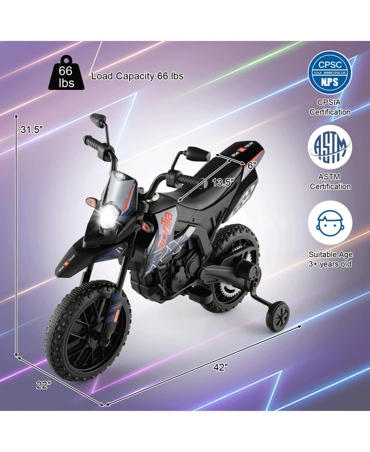 Sugift Aprilia Licensed Kids Ride On Motorcycle with 2 Training Wheels-Navy