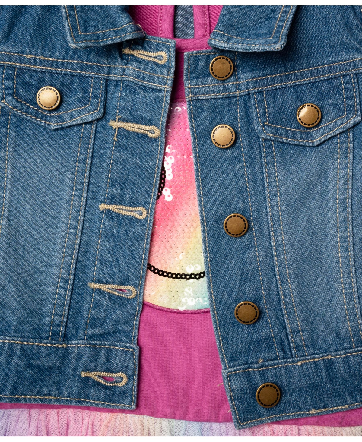 Shop Rare Editions Little Girls One-piece Mesh Skirt Dress With Denim Vest, 2-pieces In Raspberry