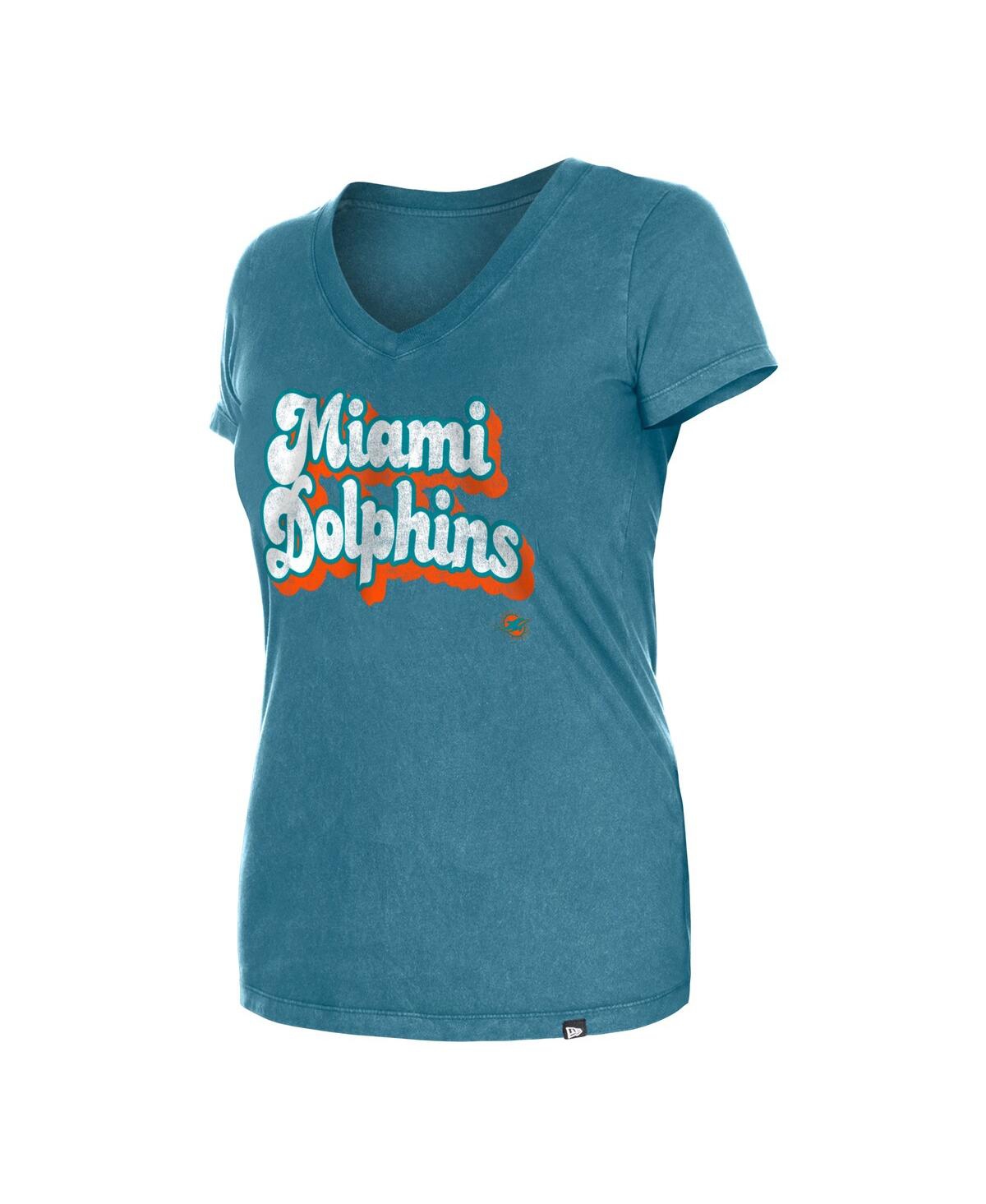 NEW ERA WOMEN'S AQUA MIAMI DOLPHINS ENZYME WASH LOW V-NECK T-SHIRT 