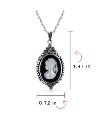 Estate Style Black Mother of Pearl Shell White Carved Victorian Lady Portrait Cameo Pendant Necklace For Women Natural Marcasite Frame Oxidized Sterling Silver