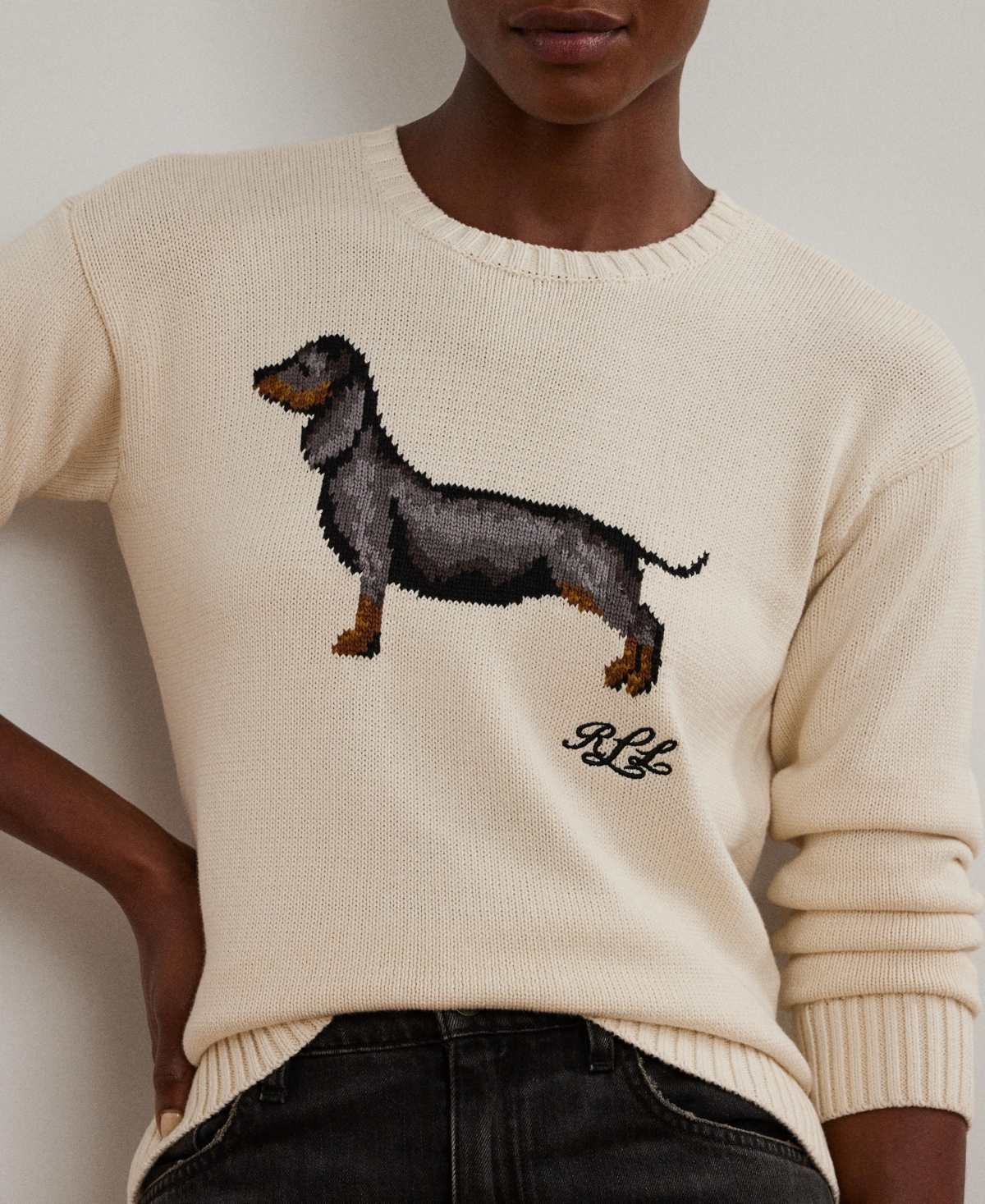 Lauren Ralph Women's Intarsia-Knit Dachshund Cotton Sweater