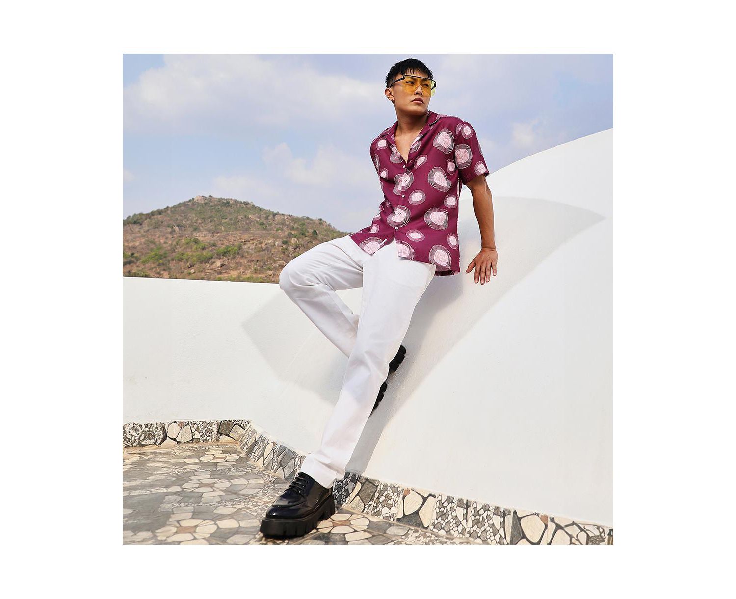Men's Wine Red Relaxed Face Shirt