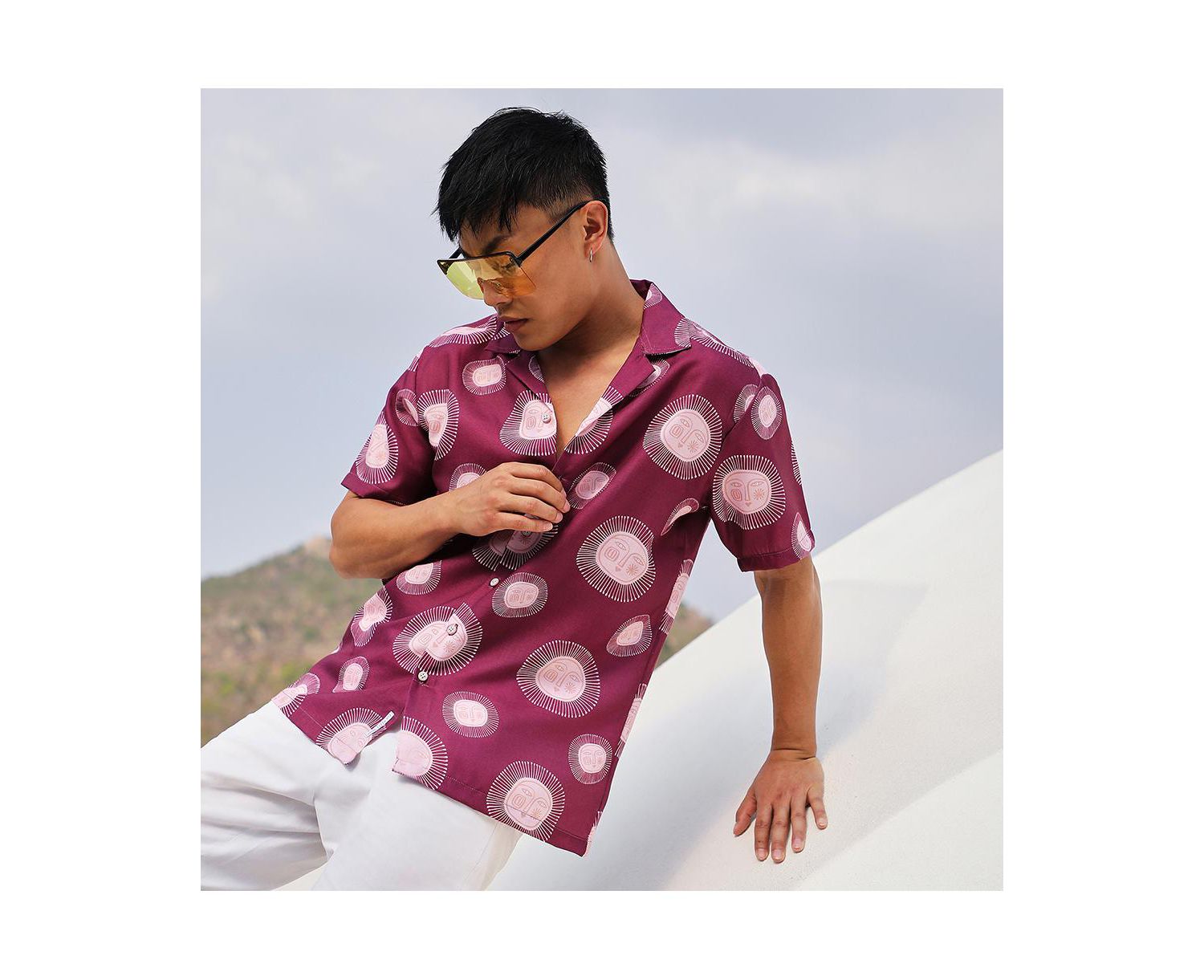 Men's Wine Red Relaxed Face Shirt