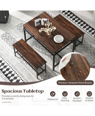 3 Pieces Dining Table Set with Wooden Kitchen Table and 2 Benches-Brown