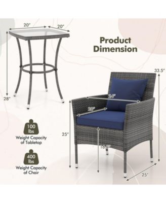 3 Pieces Patio Furniture Set with Cushioned Patio Chairs and Tempered Glass Coffee Table-Navy