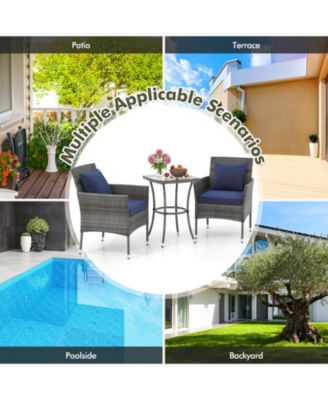 3 Pieces Patio Furniture Set with Cushioned Patio Chairs and Tempered Glass Coffee Table-Navy