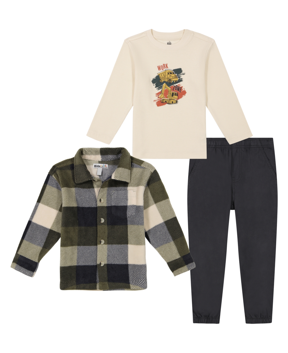 KIDS HEADQUARTERS BABY BOYS PLAID POLAR FLEECE SHACKET HOODED TEE TWILL JOGGERS, 3PIECE SET 
