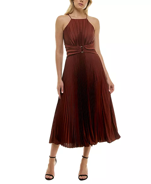 women's halter belted pleated chiffon midi dress