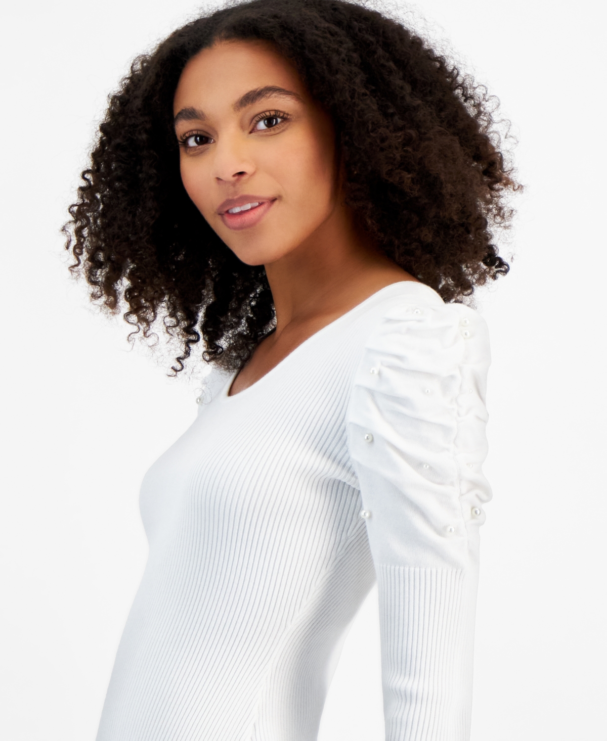 Madden Girl Juniors' Fine Gauge Faux-Pearl Long-Sleeve Sweater