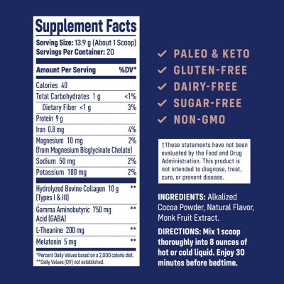 Collagen PM - Chocolate Nighttime Collagen Peptides Powder with Magnesium, GABA, L-Theanine and Melatonin - 20 Servings