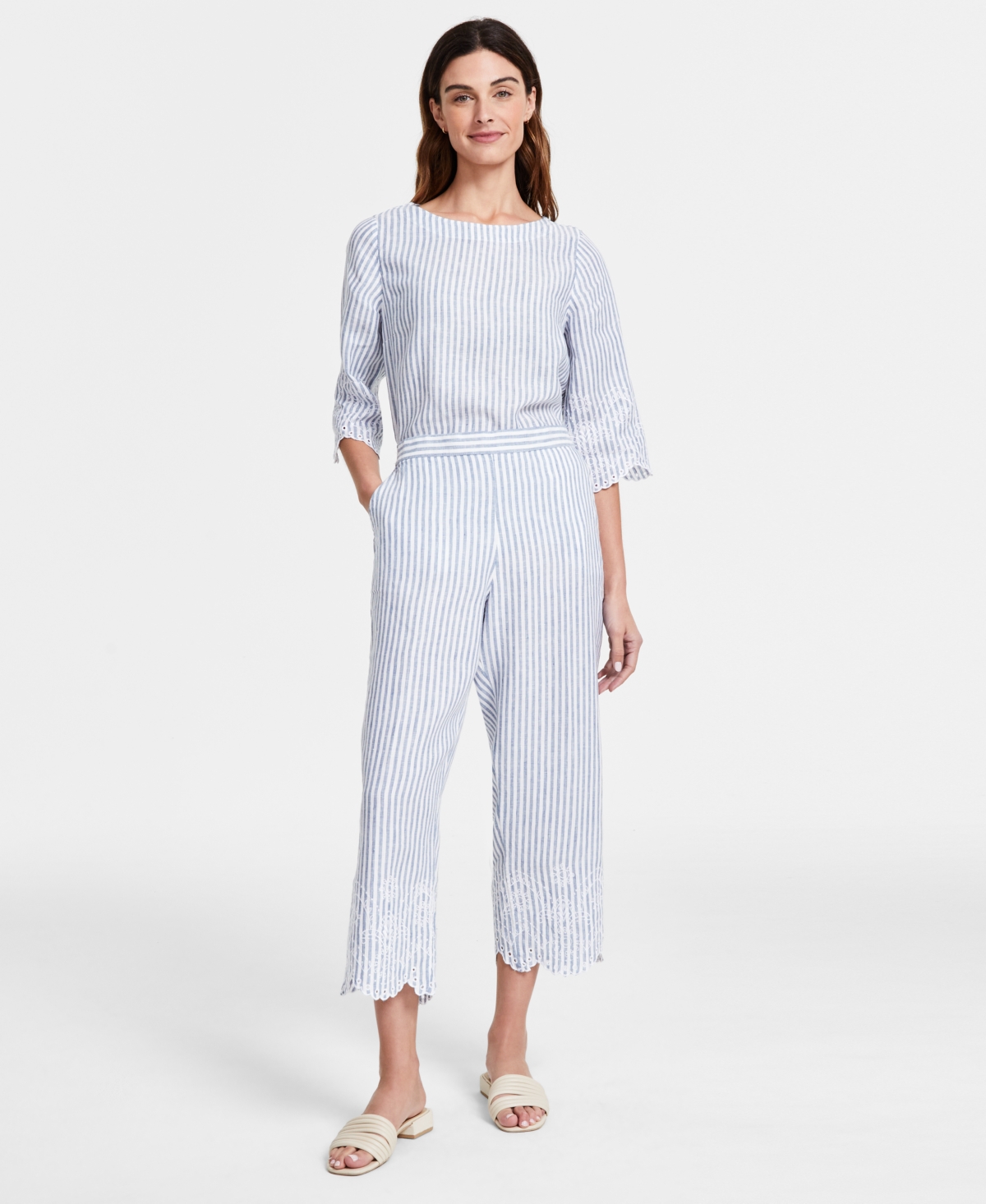CHARTER CLUB WOMEN'S STRIPED 100% LINEN EYELET-TRIM PANTS, CREATED FOR MACY'S 