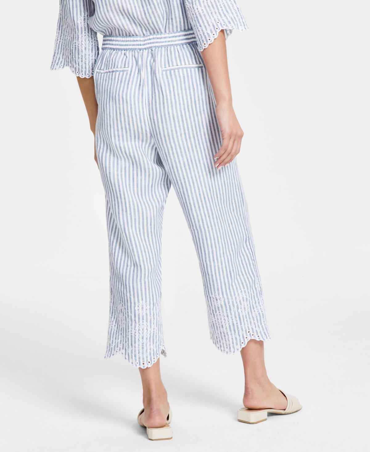 CHARTER CLUB WOMEN'S STRIPED 100% LINEN EYELET-TRIM PANTS, CREATED FOR MACY'S 