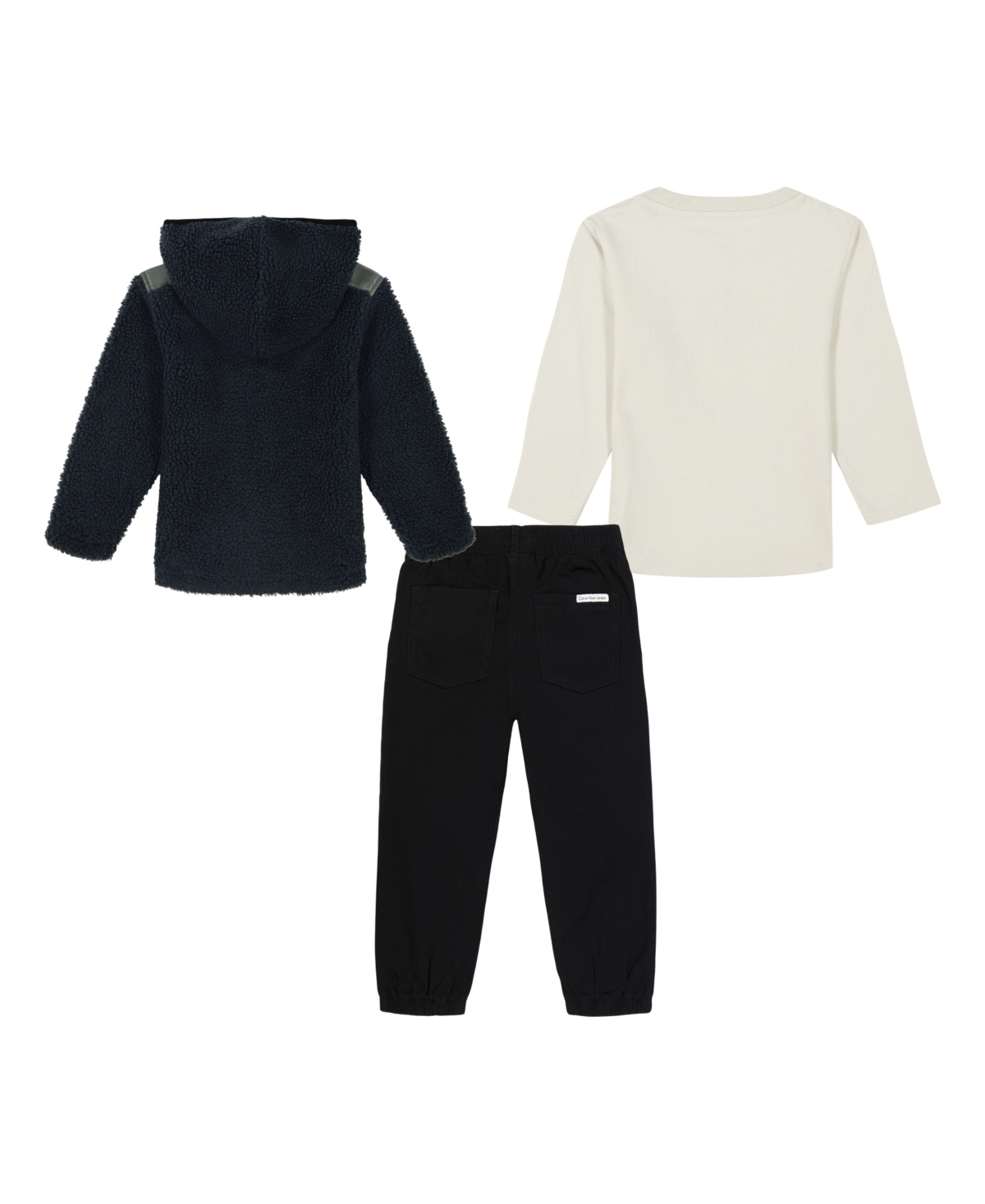 Calvin Klein Toddler Boys Long Short Sleeve Logo Tee, Twill Joggers Zip-up Berber Jacket 3-piece Set In Granite Heather,marshmallow,abyss