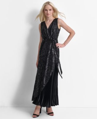 DKNY - Women's Sequinned Pleated Tie-Waist Evening Gown