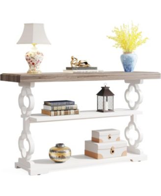 Farmhouse Console Table, 55 inch Rustic Entryway Sofa Table with Storage Shelves, 3 Tier Wood Long Accent Entry Table, Grey and White