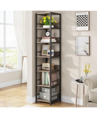 6-Tier Corner Shelf Set of 2, 75 Inch Tall Narrow Bookshelf Storage Rack, Etagere Shelves Display Stand for Small Spaces, Rustic Open Bookcase Square Shelf Tower for Living Room Bathroom