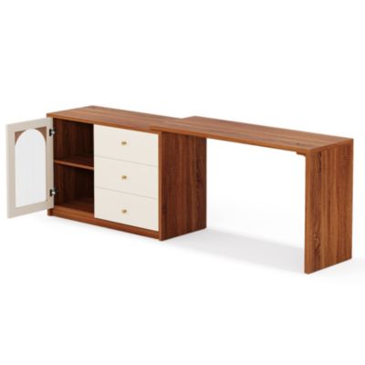 Modern Makeup Vanity, Retractable Large Vanity Desk with 3 Drawers and Cabinet, Makeup Corner Dressing Table (Without Mirror)