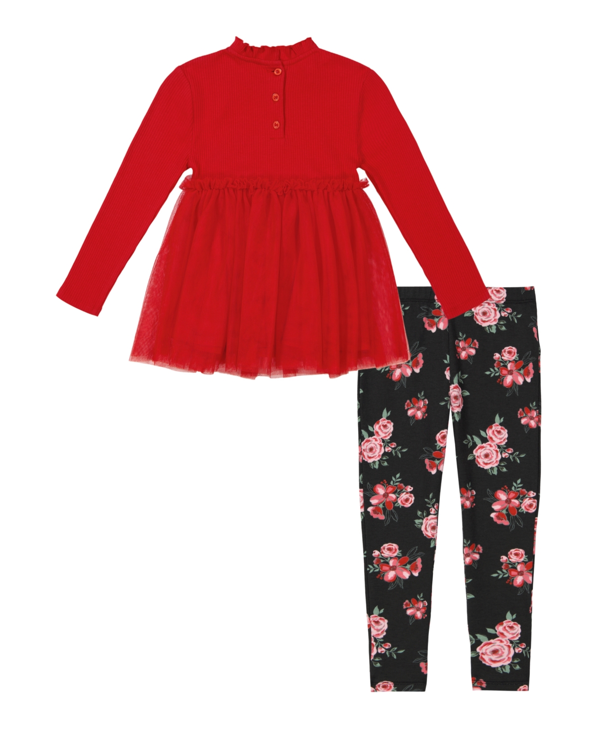 Kids Headquarters Toddler and Little Girls Ribbing and Mesh Tunic & Floral Leggings, 2 Piece Set -Deep Black