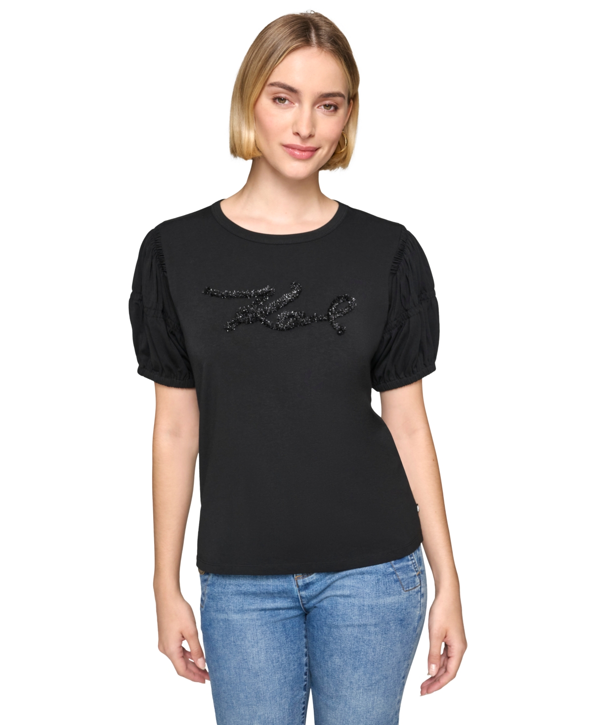 Karl Lagerfeld Paris Women's Tweed Karl Puff Sleeve Top