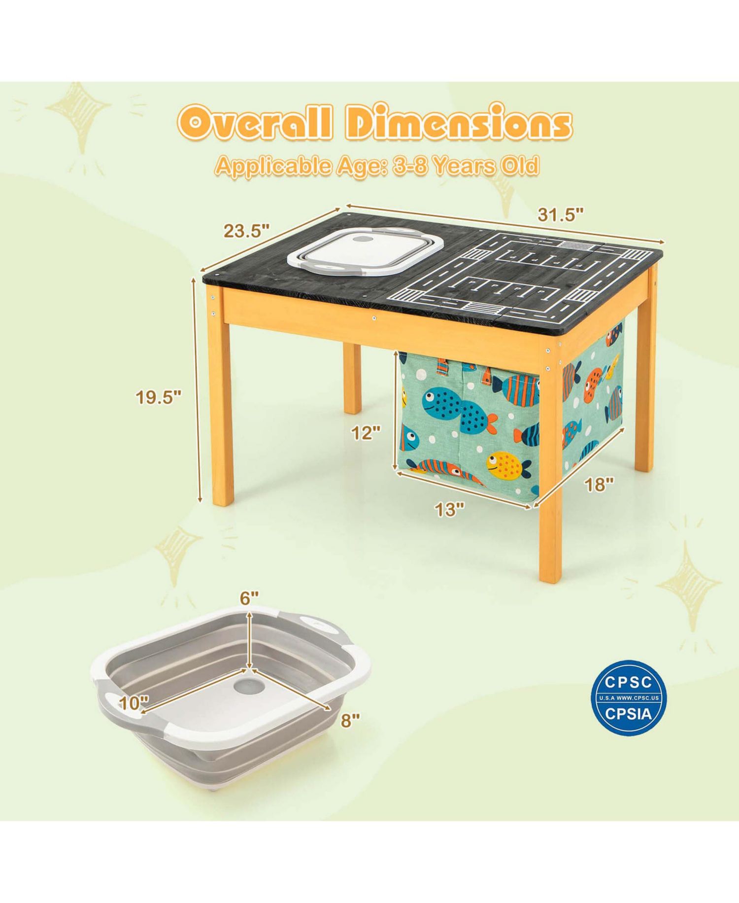 3-in-1 Kids Activity Table with Foldable Water Bin Large Capacity Storage Bag