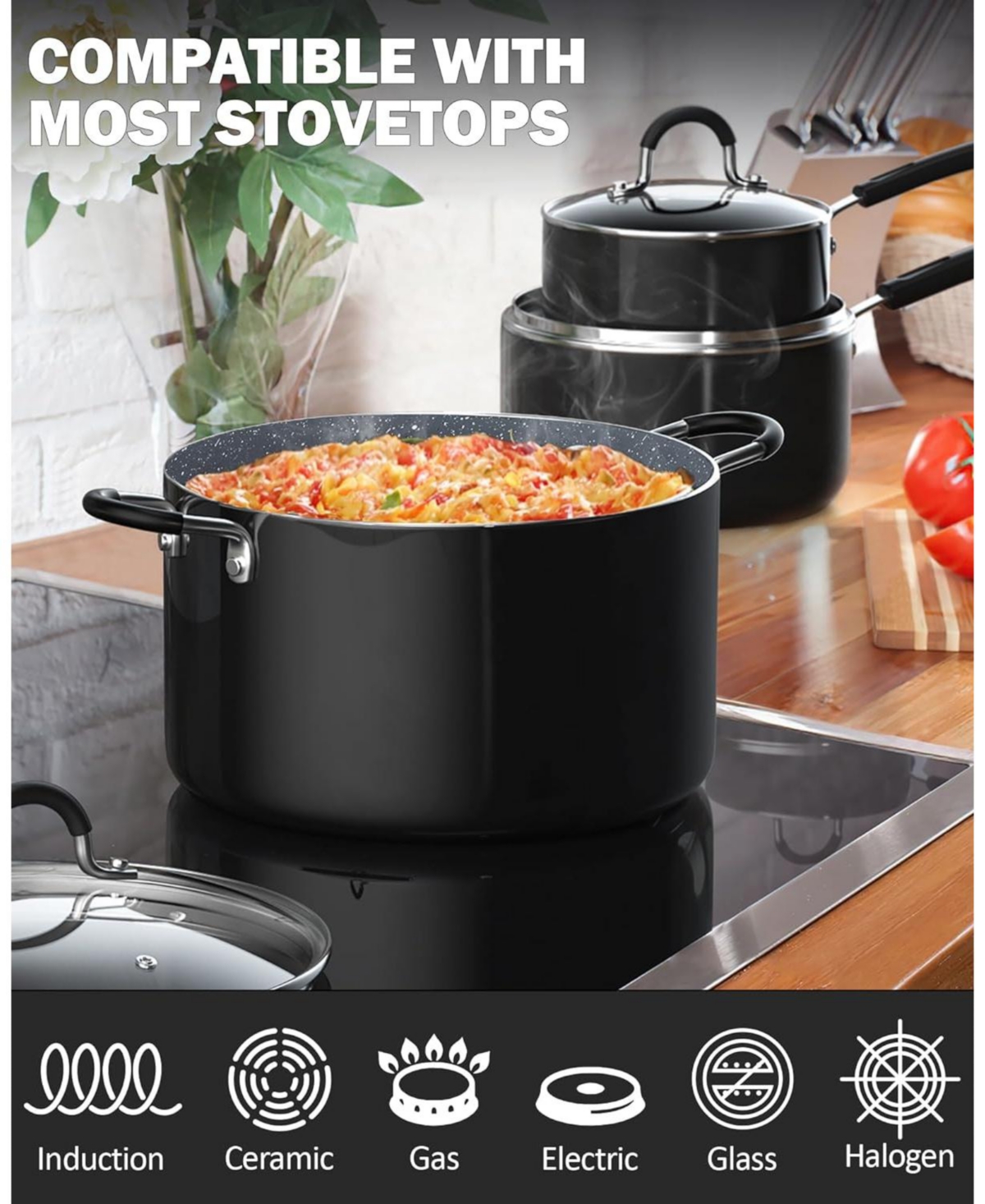 Cook N Home 1-Quart Professional Granite Nonstick Saucepan with Lid with Stay-Cool Silicone Handle, Marble