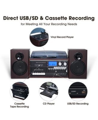 Vinyl Record Player with Speakers Turntable Bluetooth Tape Cassette CD Player Retro