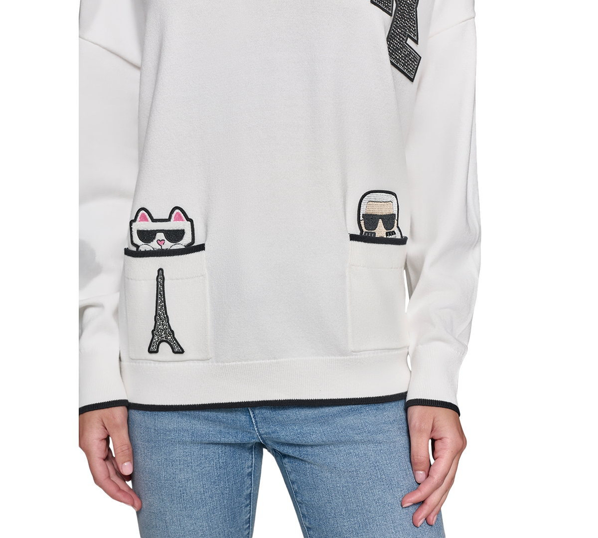 Karl Lagerfeld Paris Women's Women's V-Neck Embellished Varsity Sweater