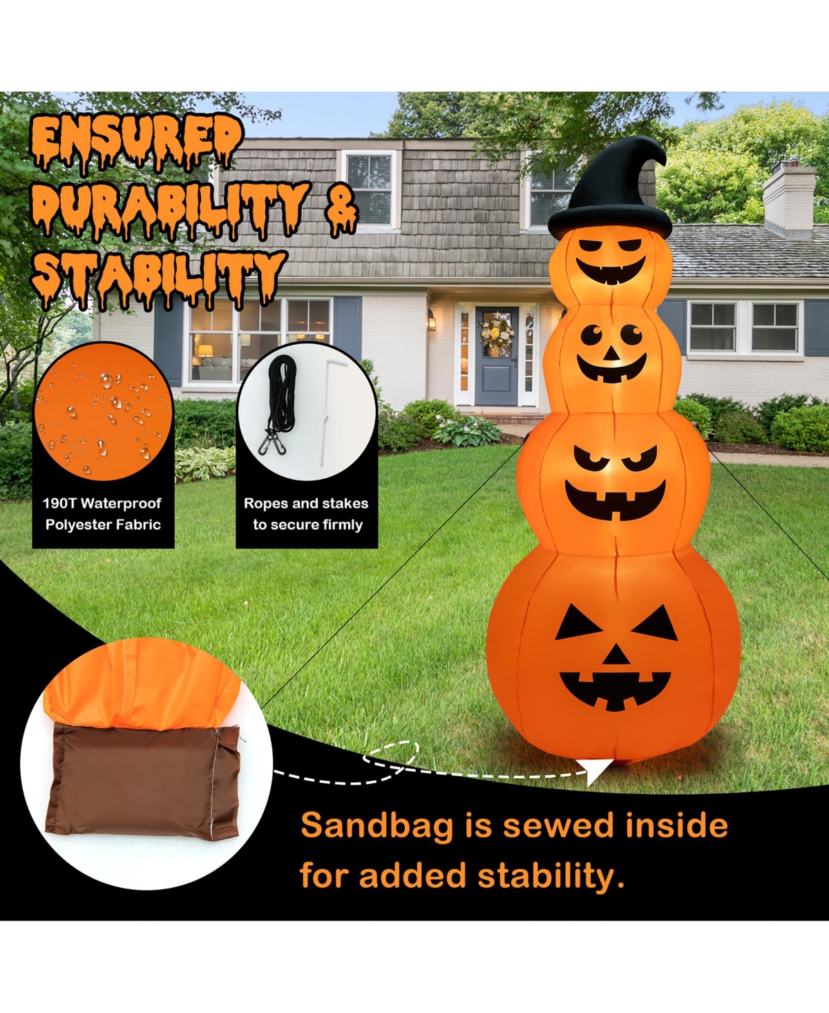 Costway 8FT Halloween Inflatable Stacked Pumpkins Blow-up Holiday Decoration w/ Led Lights