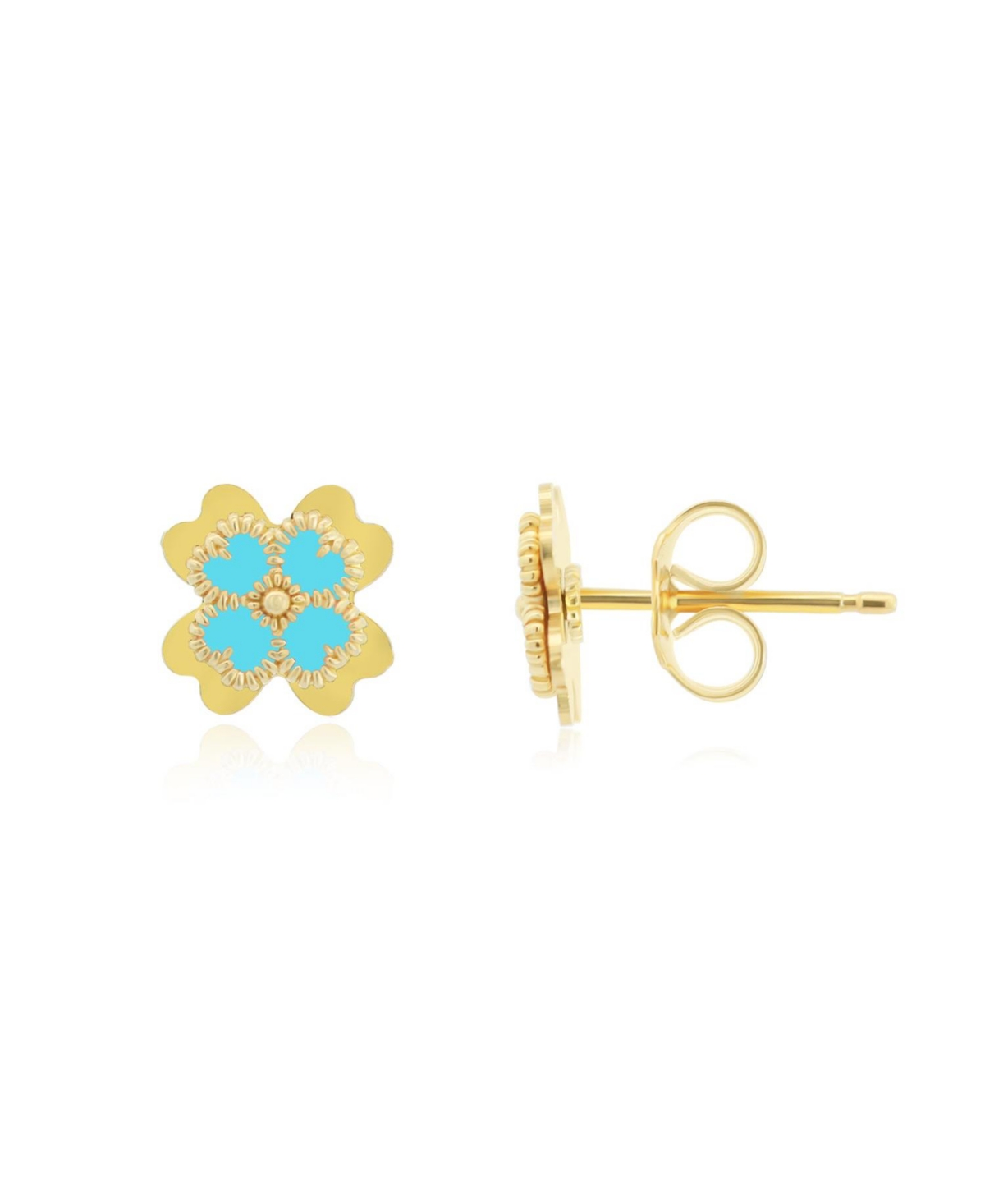 Blue Enamel Four Leaf Clover Stud Earrings 14K Gold - Blue