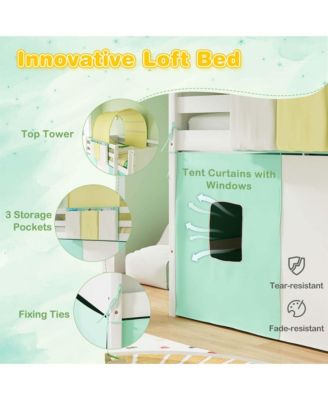 Twin Loft Bed with Tower & Tent 3 Storage Pockets Safety Guardrail and Ladder
