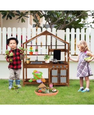 Wooden Mud Kitchen with Chalkboard, Stoves, Removable Sink & Accessories