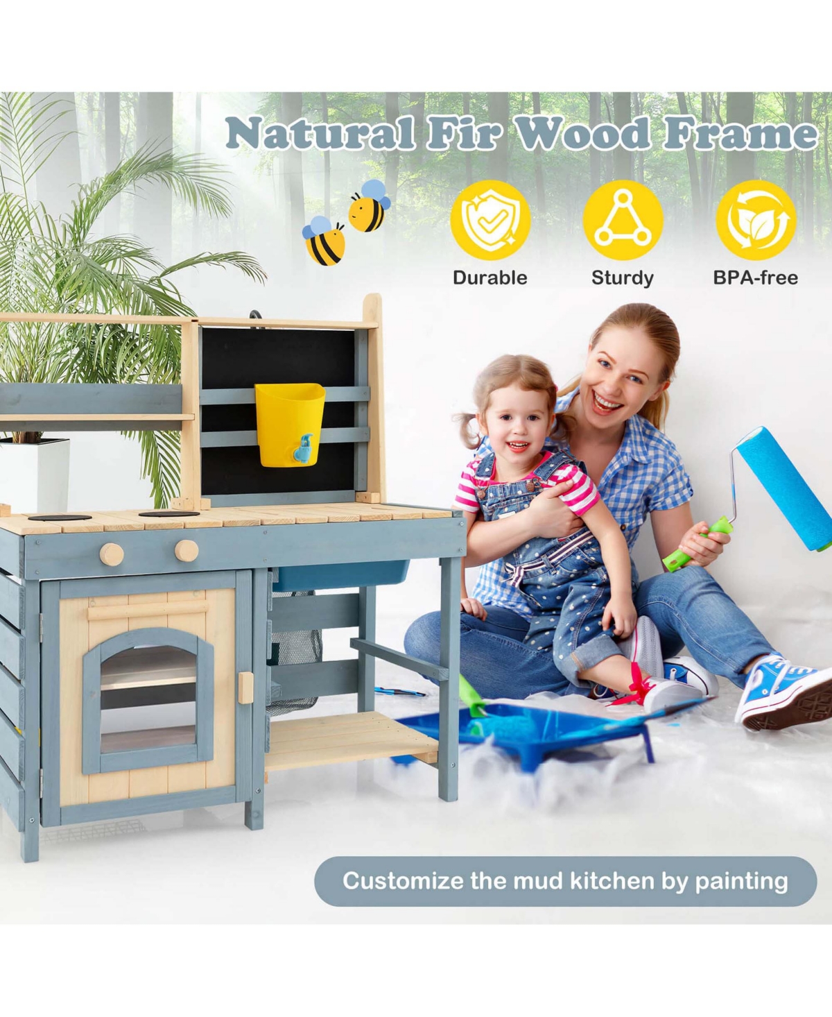 Costway 2-In-1 Outdoor Mud Kitchen with Faucet & Removable Sink Metal Baskets Storage Bag