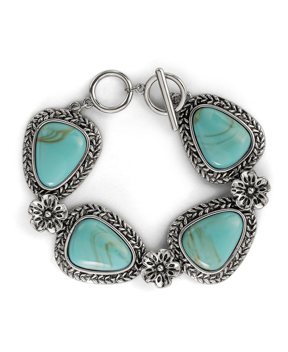 Turquoise Gemstone Flower Bracelet - Silver tone, blue