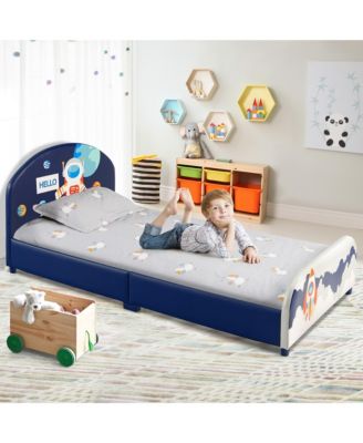 Kids Upholstered Platform Bed Children Twin Size Wooden Bed Astronaut Pattern
