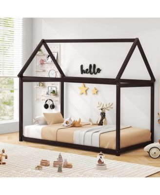 Twin House Bed Wood Frame with Roof for Kids Toddler No Box Spring