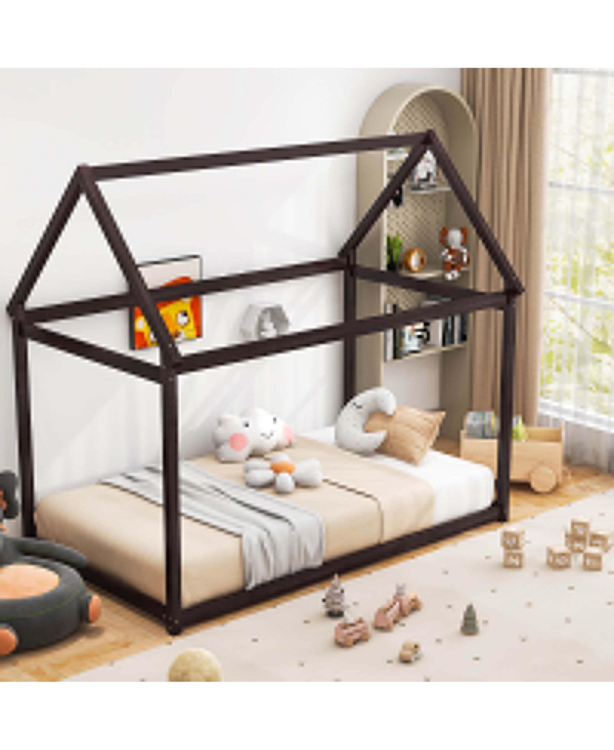 Costway Twin House Bed Wood Frame with Roof for Kids Toddler No Box Spring