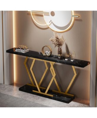 70.9 Inch Extra Long Sofa Table， White and Gold Console Table with Faux Marble Tabletop, Modern Long Entryway Table with Gold Frame