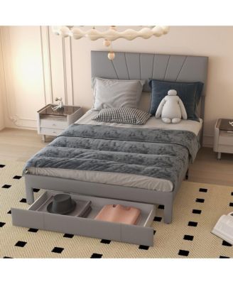 Queen Upholstered Bed Frame Platform Bed with Drawer & Adjustable Headboard Grey
