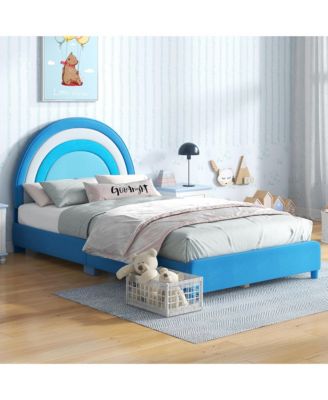 Kids Twin Platform Bed Frame Upholstered Twin Size Bed w/ Wooden Slats Support Blue
