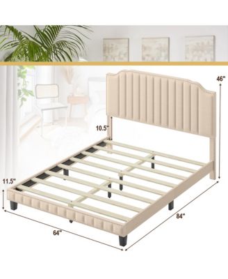Queen Upholstered Bed Frame with linen fabric vertical lines Rivets headboard