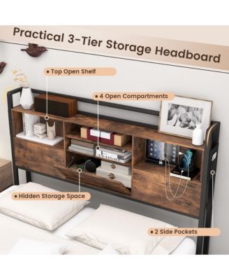 Full Size Bed Frame w/ Bookcase Headboard & 4 Storage Drawers Vintage Brown