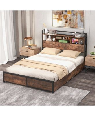 Full Size Bed Frame w/ Bookcase Headboard & 4 Storage Drawers Vintage Brown