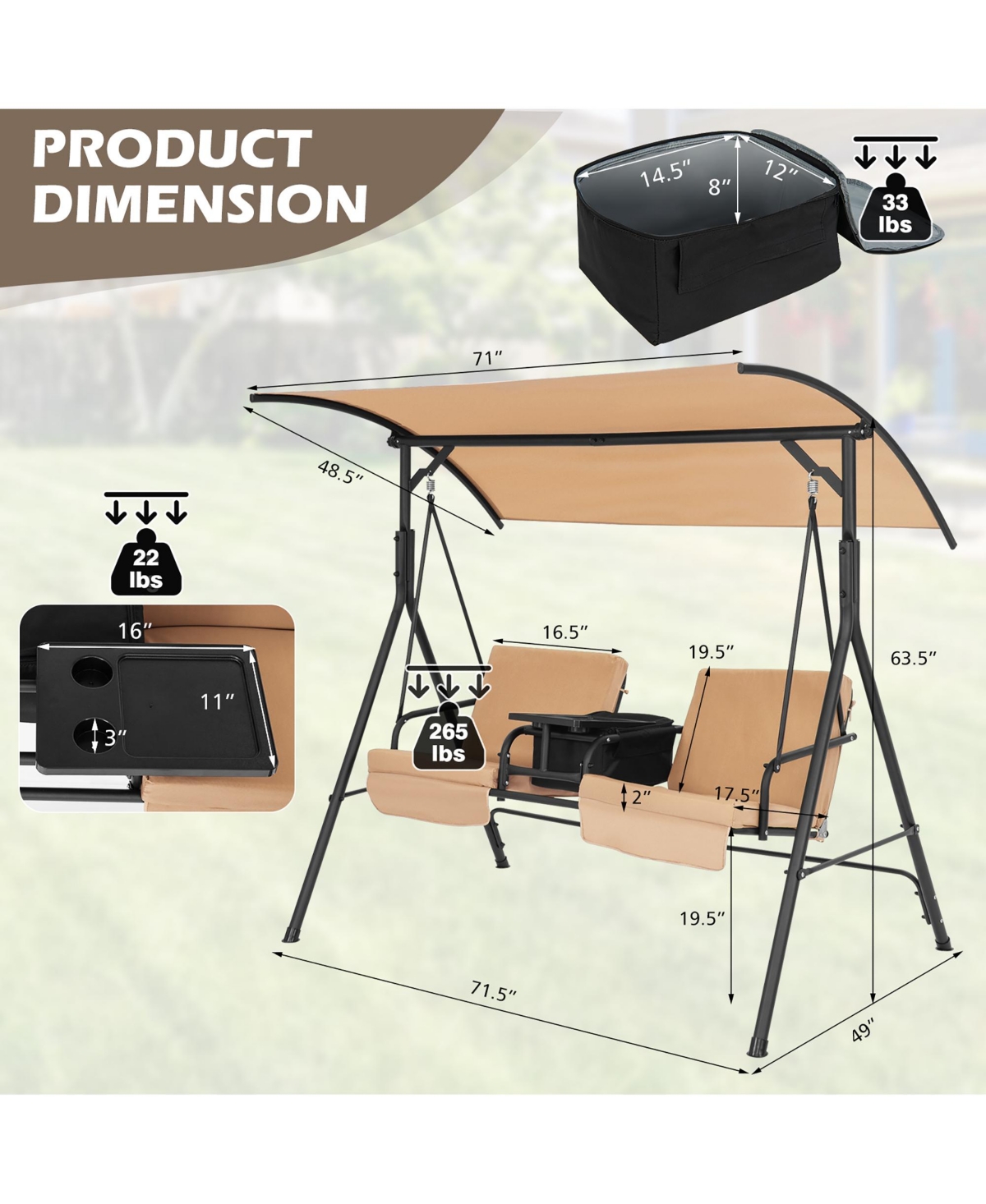 Costway 2-Person Canopy Porch Swing Padded Chair Cooler Bag Rotatable Tray- Beige