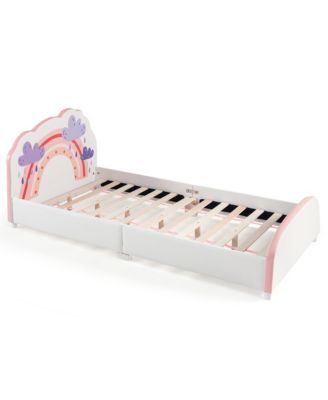 Kids Upholstered Platform Bed Children Twin Size Wooden Bed Rainbow Pattern