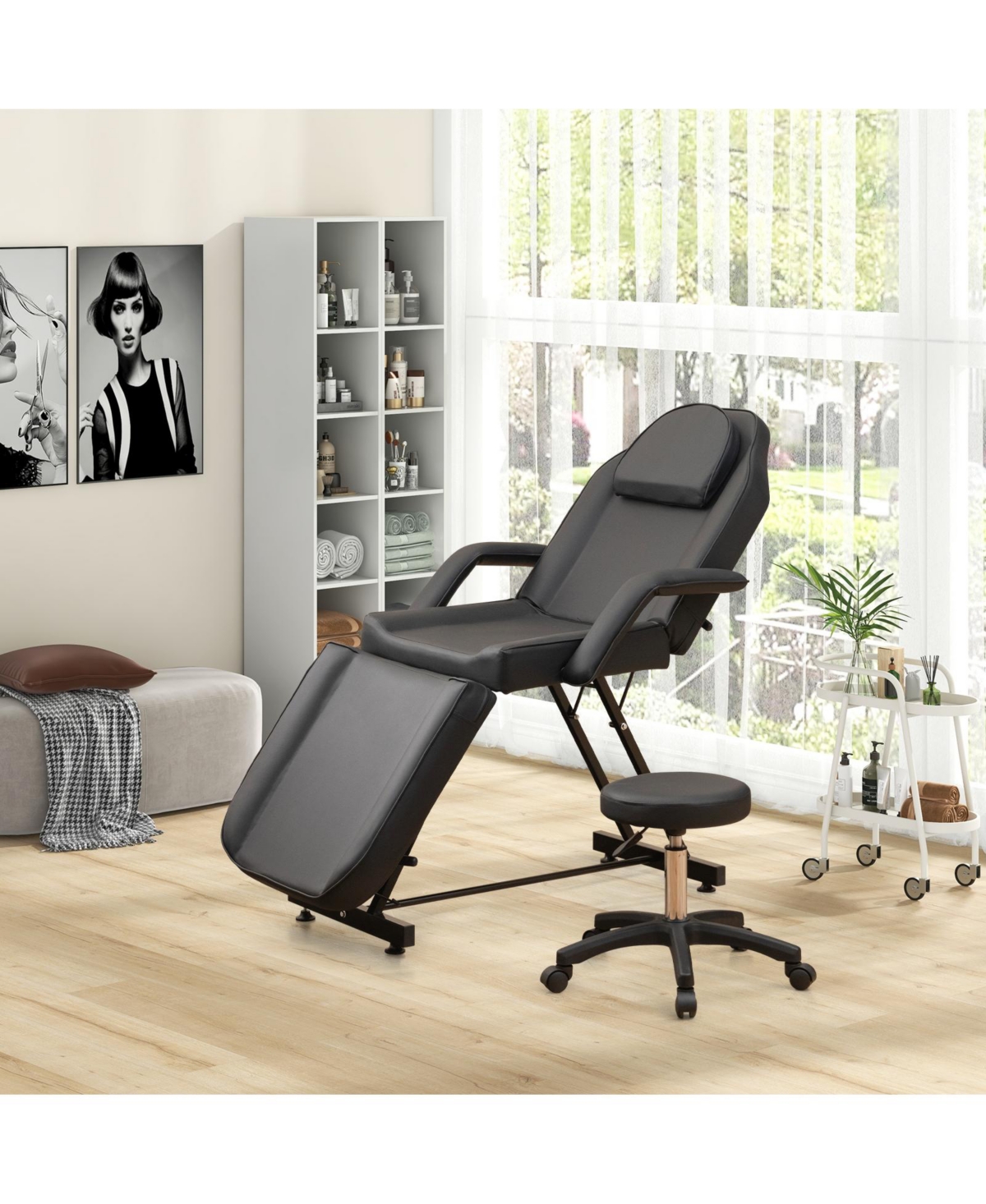 Givimo 73 Inch Facial Chair Set with Removable Headrest Detachable Armrests and Towel Rack-Black