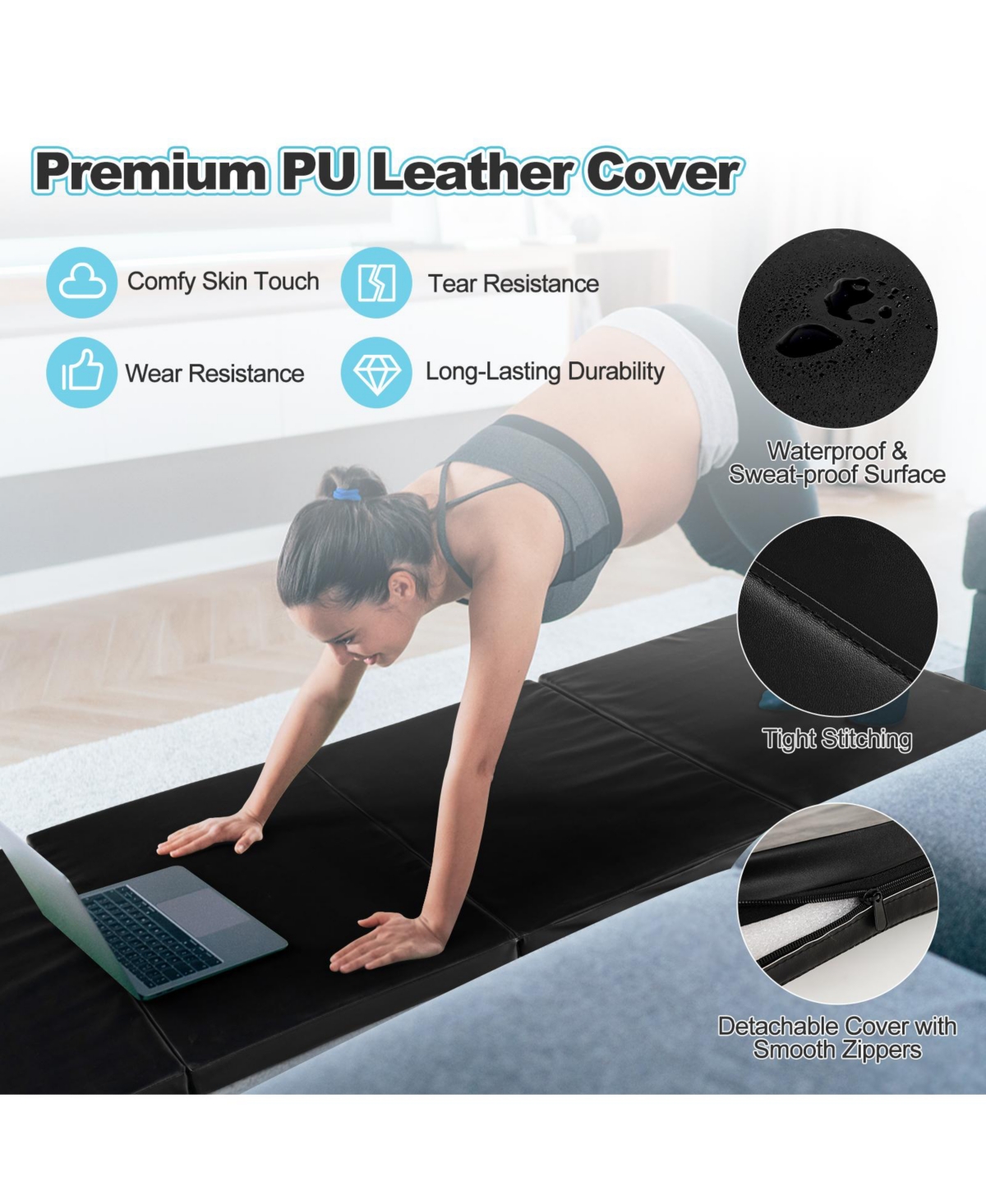 Vebreda Folding Gymnastics Mat with Carry Handles and Sweatproof Detachable Pu Leather Cover- Black